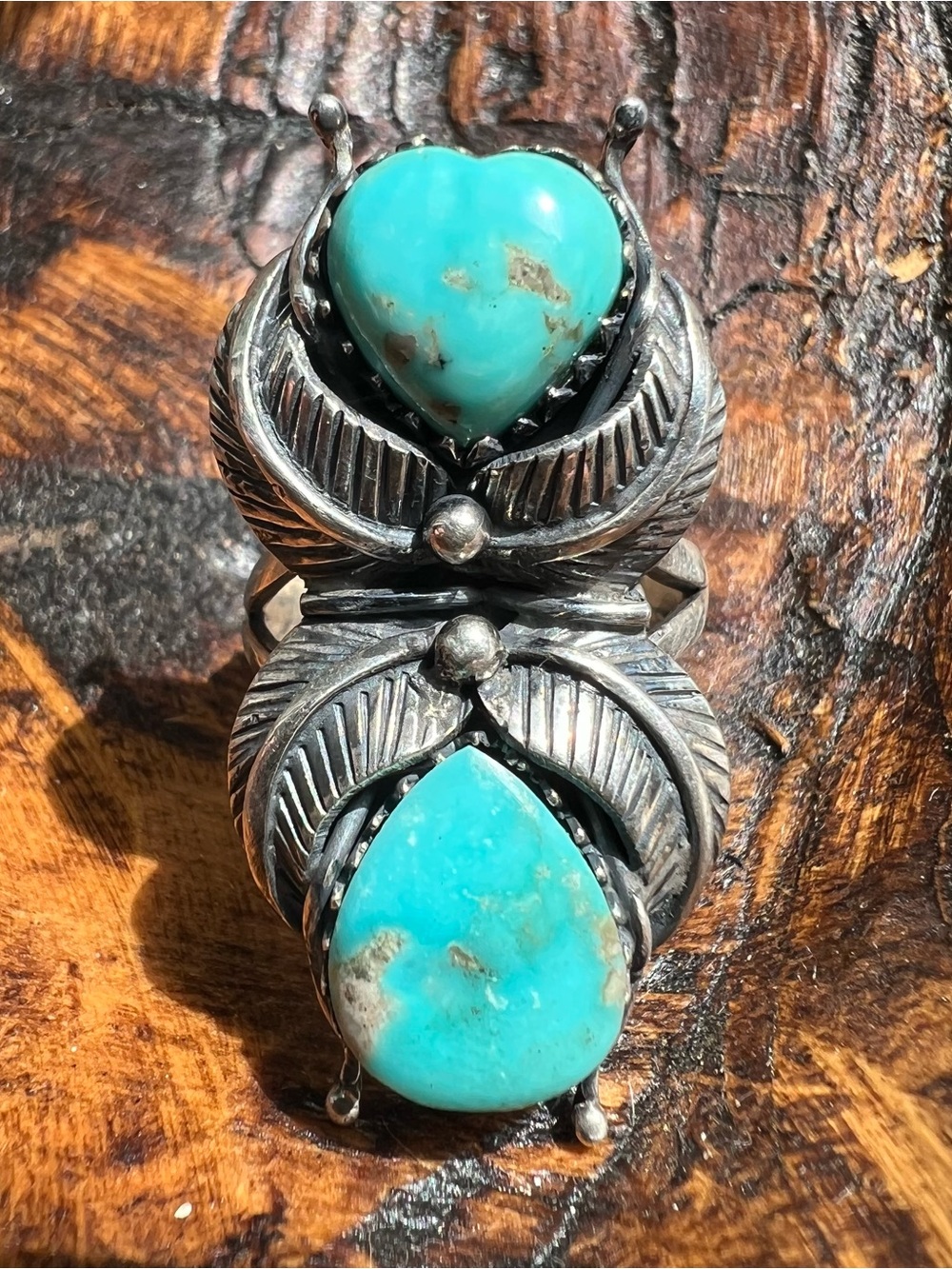 Sterling Silver Kingman Turquoise Double Stone Statement Ring Size 8